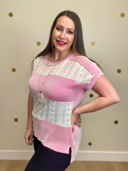 FINAL SALE Pink Ribbed Eyelet Contrast Top