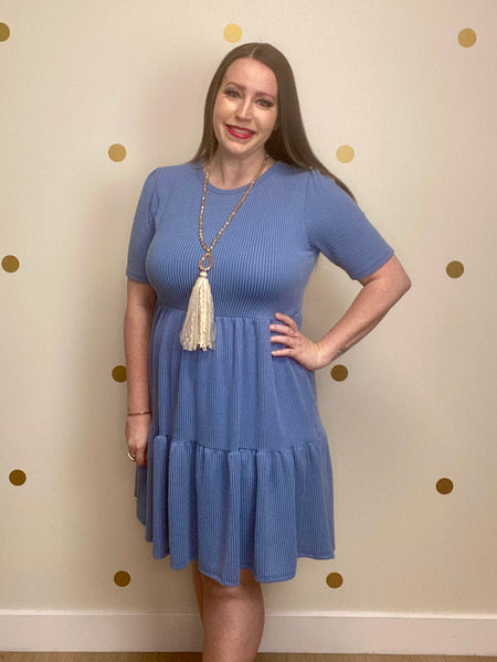 Blue Tiered Ribbed Dress