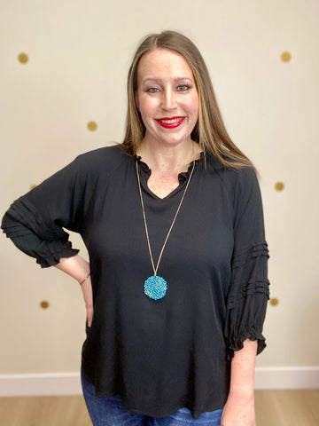 Black Ruffle Neck Puff Sleeve Top