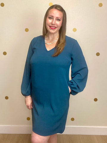 Teal V Neck Balloon Sleeve Dress