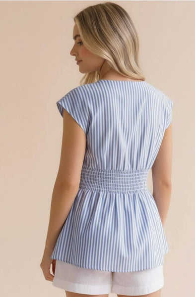 Blue Pleated Striped Smocked Back Peplum Top