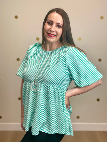 FINAL SALE Umgee Turquoise Checkered Tie Back Top