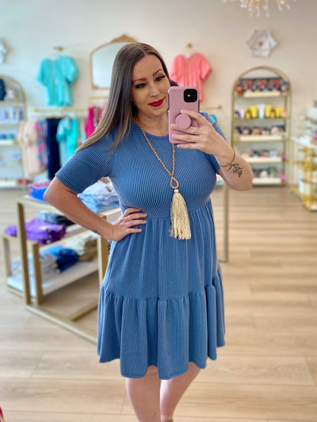Blue Tiered Ribbed Dress