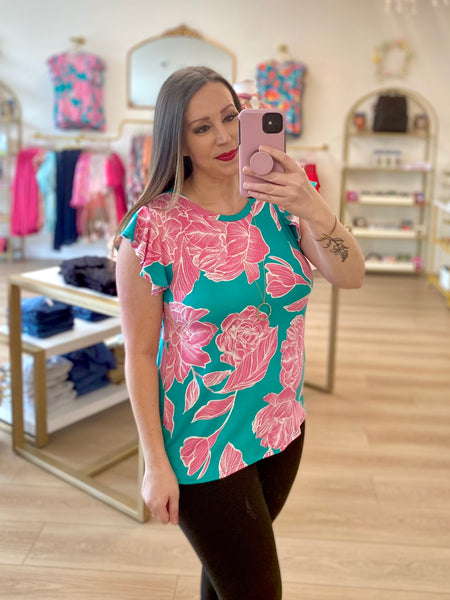 FINAL SALE Teal & Pink Floral Print Top