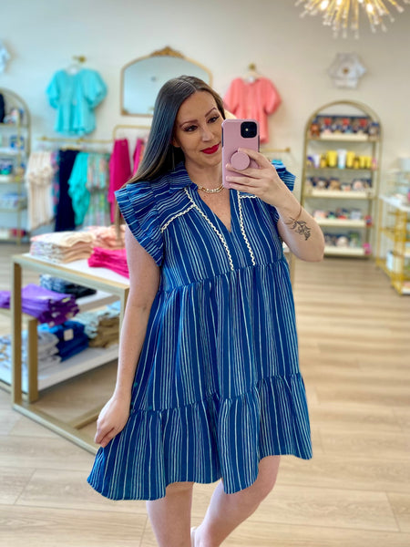 FINAL SALE Umgee Blue Striped Lace Trim Dress