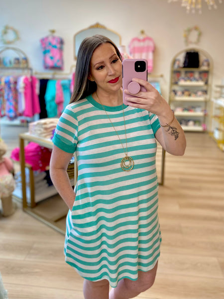 FINAL SALE Mint Striped Button Pocket Dress