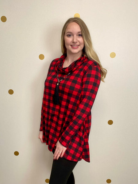 FINAL SALE Black & Red Buffalo Plaid Cowl Neck Tunic