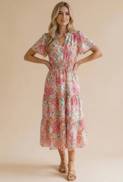Floral Smocked Waist Tiered Dress