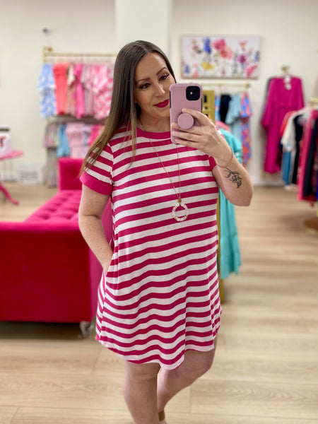 FINAL SALE Fuchsia Striped Button Pocket Dress