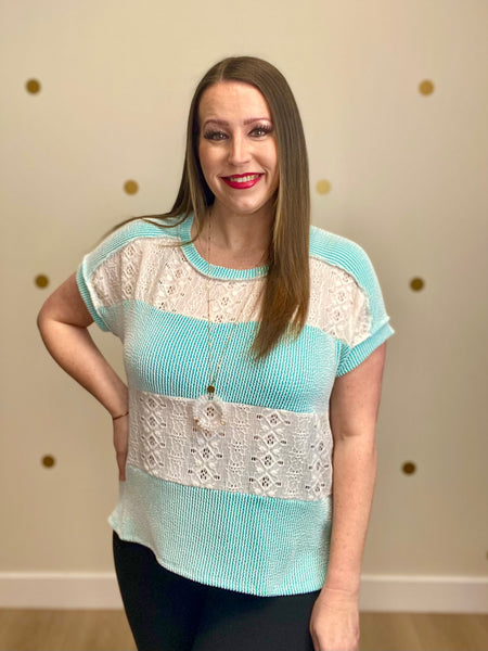 FINAL SALE Aqua Ribbed Eyelet Contrast Top