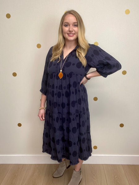 Umgee Navy Dot Frayed Midi Dress