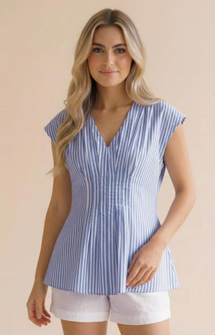 Blue Pleated Striped Smocked Back Peplum Top