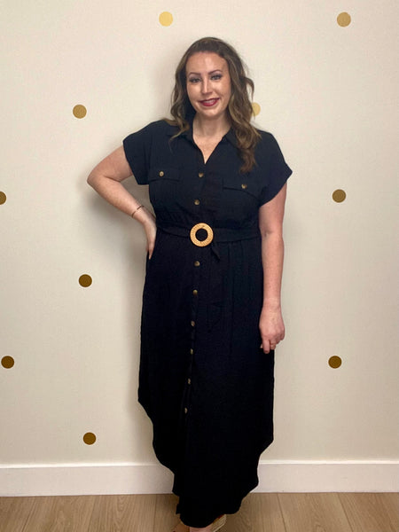 Black Collared Button Down Belted Midi Dress