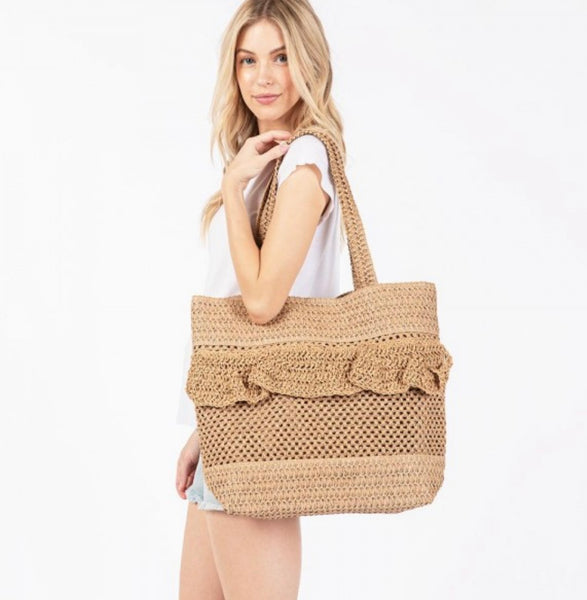 Taupe Ruffle Straw Tote Bag