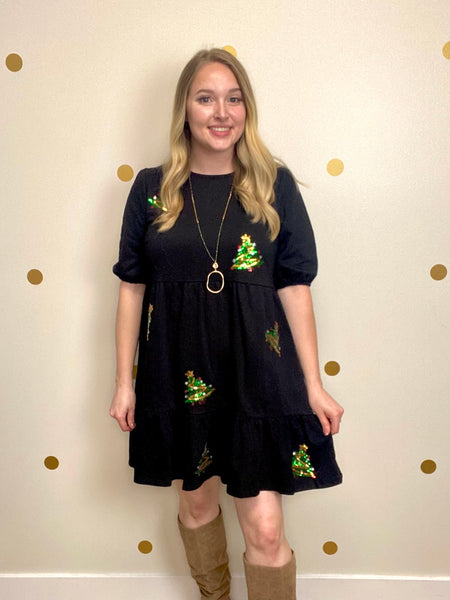 FINAL SALE Umgee Black Christmas Tree Detail Dress