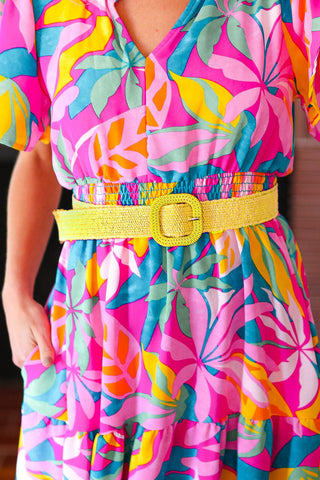 Yellow Woven Square Buckle Stretchy Belt - Online Only!