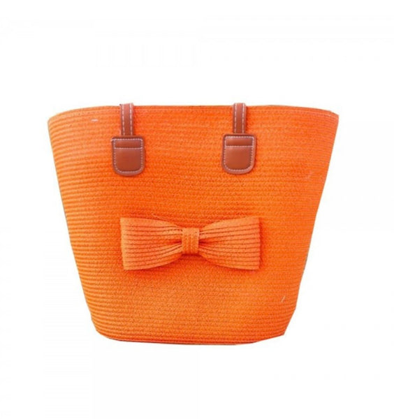 Orange Straw Bow Tote Bag