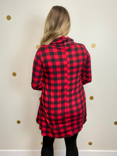 FINAL SALE Black & Red Buffalo Plaid Cowl Neck Tunic