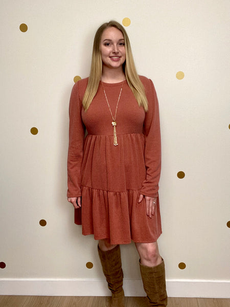 Rust Ribbed Tiered Dress