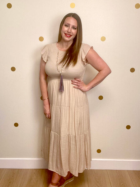 Beige Smocked Ruffle Sleeve Midi Dress