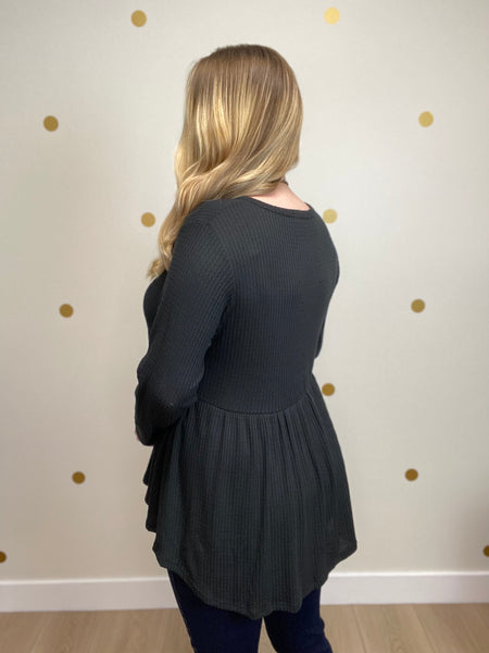 Black Button Peplum Waffle Top
