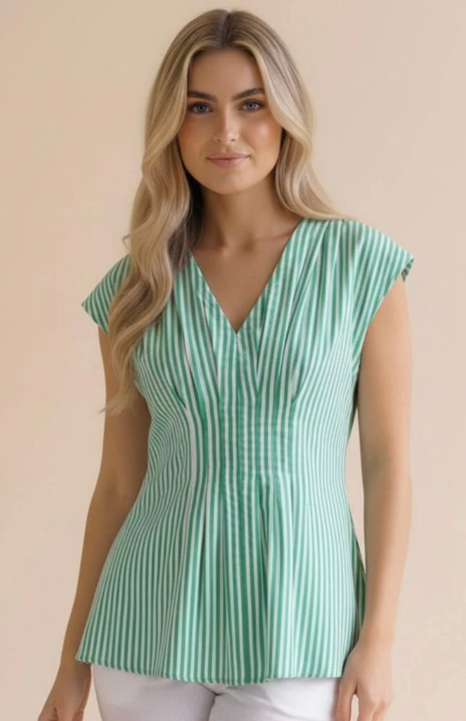 Green Pleated Striped Smocked Back Peplum Top