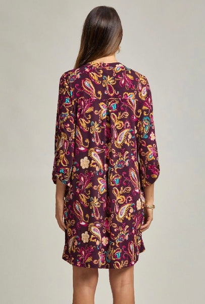 Wine Paisley Print Pocket Dress