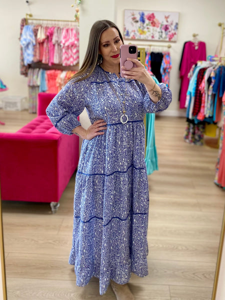 FINAL SALE Navy Animal Print Button Detail Tiered Maxi Dress