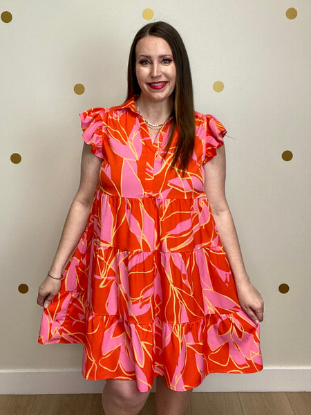 FINAL SALE Coral & Pink Print Tiered Dress