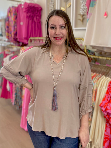 Taupe Ruffle Neck Puff Sleeve Top