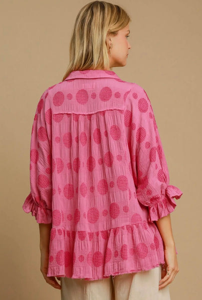 Umgee Pink Dot Button Ruffle Top