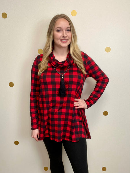 FINAL SALE Black & Red Buffalo Plaid Cowl Neck Tunic