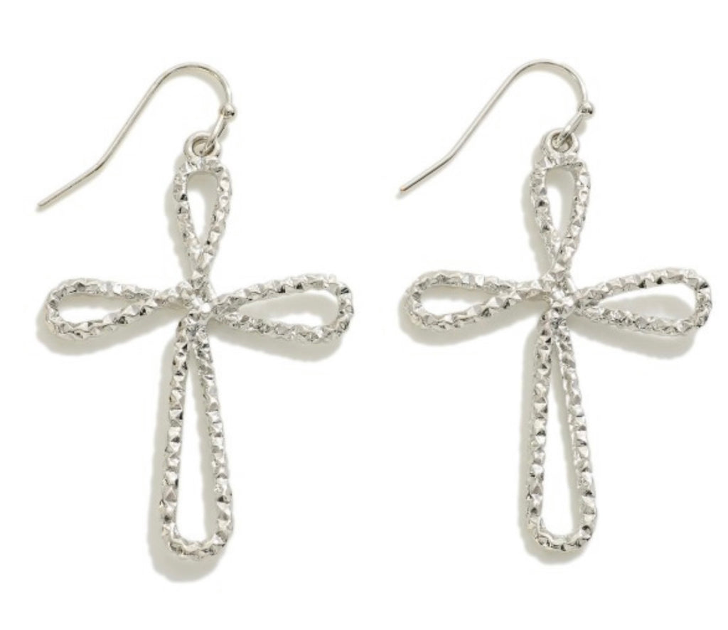 Silver Hammered Twisted Cross Earrings