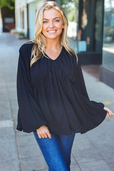 Simple Elegance Black V Neck Babydoll Woven Top - Online Only!