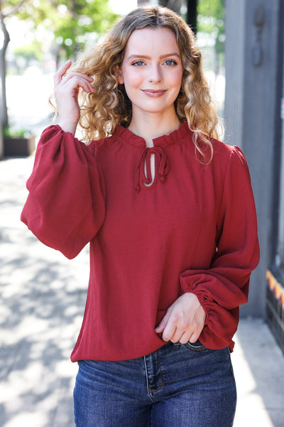 Feeling Femme Burgundy Frilled Edge V Neck Tie Top - Online Only!