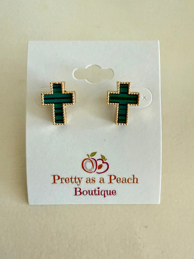 FINAL SALE Green Striped Cross Earrings