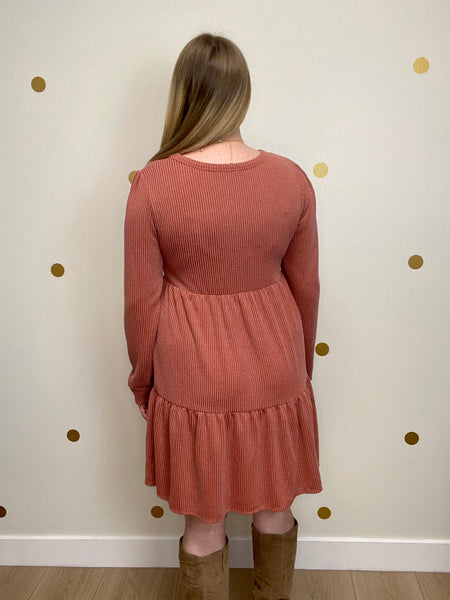 Rust Ribbed Tiered Dress