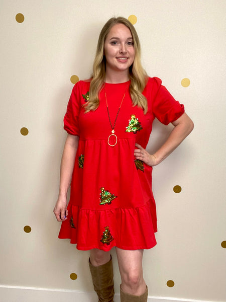 FINAL SALE Umgee Red Christmas Tree Detail Dress