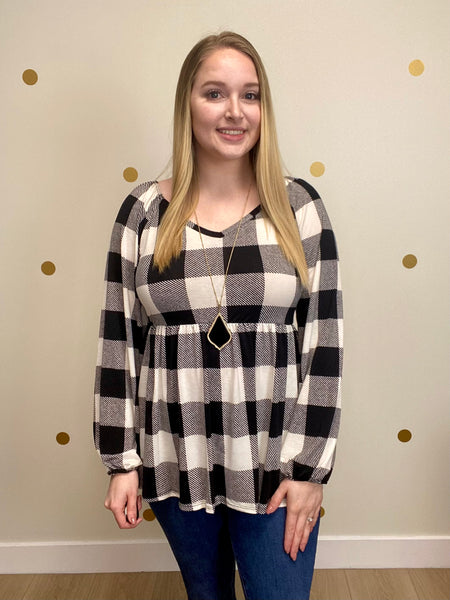 FINAL SALE Black & Ivory Buffalo Plaid Peplum Top
