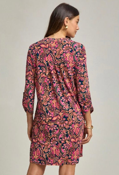 Dark Teal & Pink Print Pocket Dress