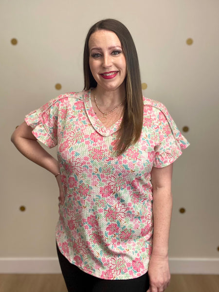 FINAL SALE Pink Floral Print Detail Top
