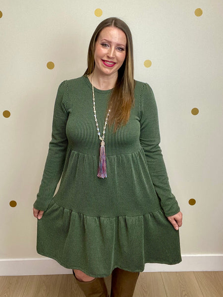 Olive Ribbed Tiered Dress