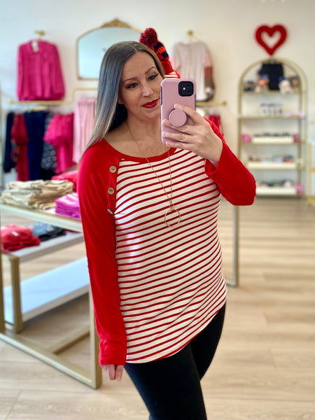 Red & Ivory Striped Heart Detail Top