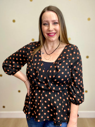Black & Orange Ruffle Polka Dot Top