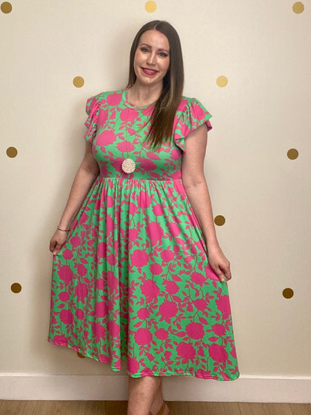 FINAL SALE Green & Pink Floral Pocket Dress