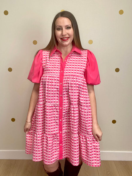 FINAL SALE Pink Gingham Button Up Dress
