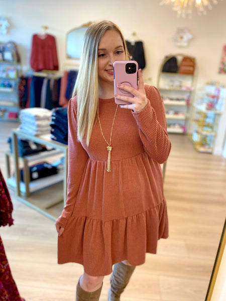 Rust Ribbed Tiered Dress