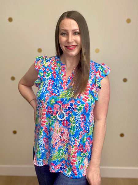FINAL SALE Blue & Pink Floral Flutter Sleeve Top