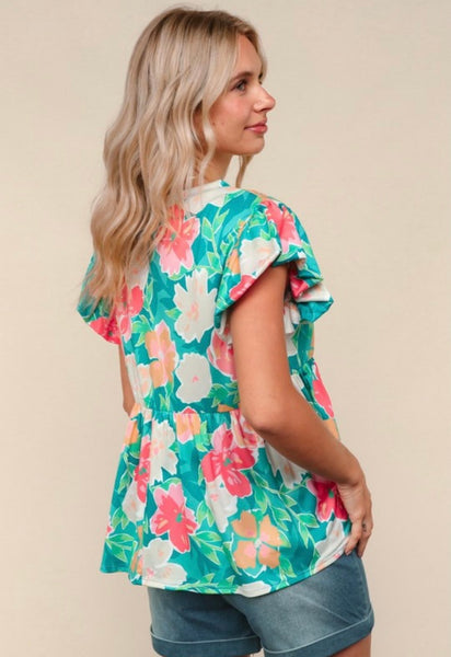FINAL SALE Mint Floral Ruffle Sleeve Top