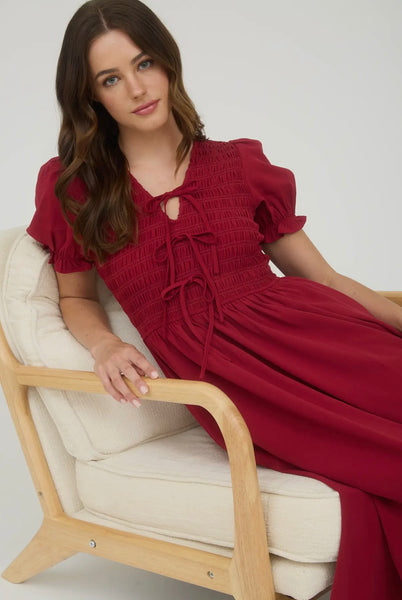 Wine Smocked Tie Puff Sleeve Midi Dress